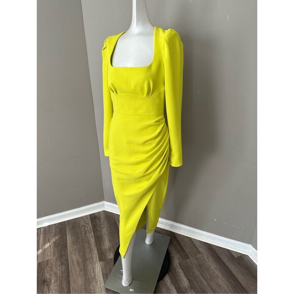 SELF PORTRAIT GREEN CREPE RUCHED MIDI DRESS - Picture 7 of 13